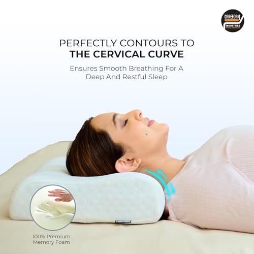 Image of CareFoam Cervical Memory Foam Pillow for Neck Support | 2-Year Manufacturing Warranty | Orthopedic Contour Pillow for Cervical Spine Alignment & Shoulder Support | Made in India | 21 x 13 x 4 Inch