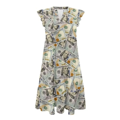 Image of Women's Casual Ruffle Sleeve Dress V Neck Pullover Dress Flowy A-Line Pleated Lightweight Dress with Pockets