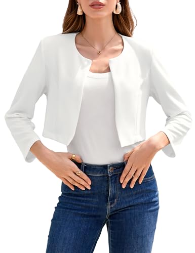 YesFashion Damen Bolero Elegant Strickjacke Langarm Festlich Schulterjacke Weiß M