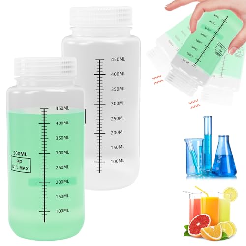 VGECEE 2 Stück Weithalsflasche Kunststoff Flasche 500ml Labor-Reagenzflasche Laborflasche Kunststoff Reagenzflaschen mit Skalierung PP-Flasche für Pillenflaschen, Wasserprobenflaschen