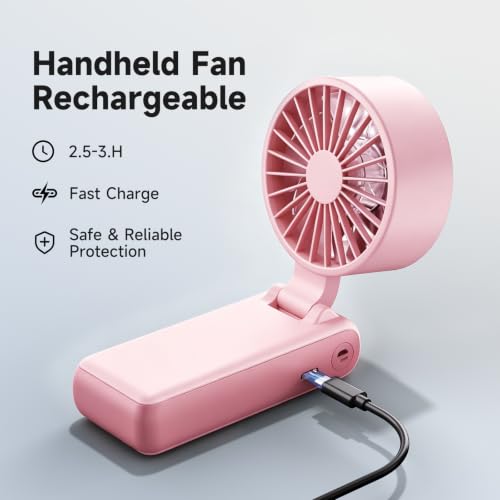 Image of ALLENERGY 3-in-1 Portable Handheld Fan, 6000mAh High-Speed Turbo Handheld Fan Rechargeable, 100 Speeds Stepless Adjustment Mini Personal Desk Fan for Travel, Camping, Outdoor,Pink