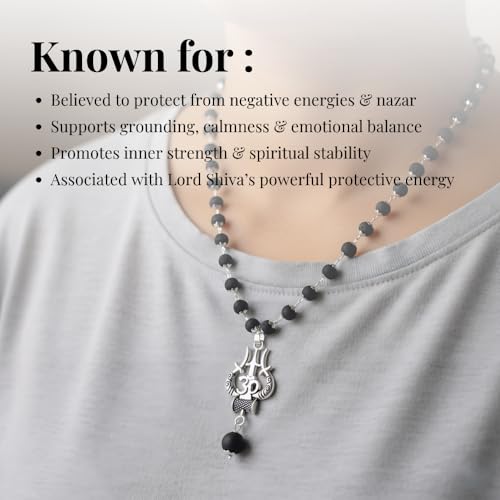 Image of Karungali Black Bead Necklace with Shiva Trishool Pendant | Spiritual Protection Necklace for Men & Women | Authentic Handmade Unisex Spiritual Mala for Energy Balancing & Positivity | Authenticity Certificate Included