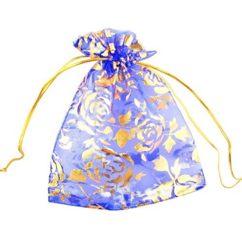 Image of QIANHAILIZZ 100 pcs 3.5 x 4.7 Inch Flower Heart Organza Jewelry Gift Pouch Candy Pouch Drawstring Wedding Favor Bags X92 (royalblue gold flower)