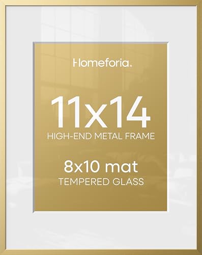 Image of Homeforia 11x14 Picture Frame Gold, High End Metal 11x14 Poster Frames with Mat for 8x10, 11 x 14 Gold Frame Matted to 8 x 10 inch Photo, 11by14 Thin Hanging Frames, Tempered Glass, Wall Kit, Set of 4