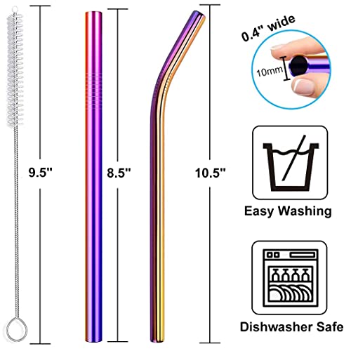 Image of Vinaco Reusable Smoothie Straw, 0.4'' Extra Wide Stainless Steel Straw 10.5'' & 8.5'' Long colorful Straws, 6 Pack Metal Straw with 1 Reusable Straw Brush Cleaner for Milkshake, Smoothie, Bubble tea