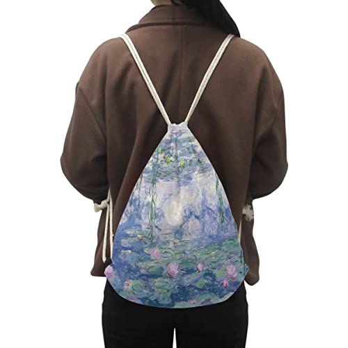 ENLACHIC Van Gogh Drawstring Bag Backpack Bulk Foldable Travel Daypack Sport Gym Yoga Bag for Men Women,Monet Water Lily2
