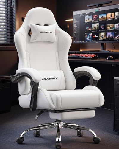 Image of Dowinx Ergonomic Gaming Chair with Footrest & Massage Lumbar, 2D-Linkage Armrests for Computer Chair 330lbs with Headrest Pillow for Office, Home, Streaming and Long Gaming Sessions, Fabric Pure White