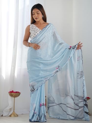 Image of Panzora Women's Chinon Printed Saree With Unstitched Blouse Piece