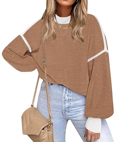 Image of Fall Clothes for Women 2026 Fashion Outfits Knitted Oversized Sweaters | Disamer Womens Sweater Trendy,Color Block Crew Neck Long Sleeve Knitted Pullover Jumper Tops,Striped,Winter Cute Sweaters