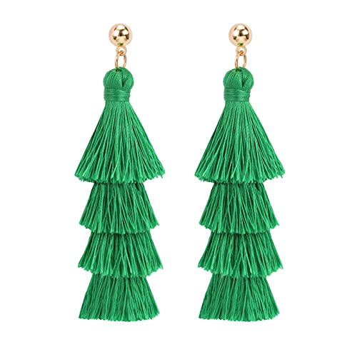 BaubleStar Fashion Tassel Dangle Earrings for Women Layered Long Bonita Tiered Green Thread Tassle Drop Statement Jewelry