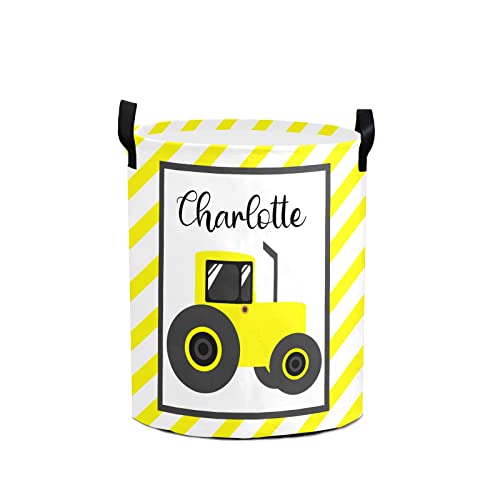 Personalized Yellow Truck and Stripes Laundry Basket with Name Waterproof Foldable Storage Bin for Bathroom Home Office Cloth