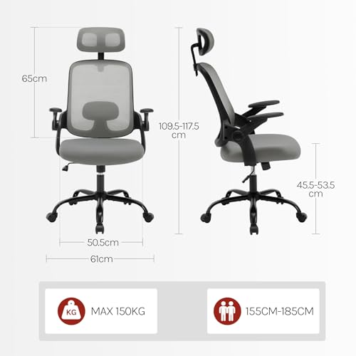 Sedia Ufficio Ergonomica con Poggiatesta e Braccioli Regolabili, Supporto Lombare, Poltrona Scrivania Girevole in Rete Traspirante Funzione Dondolo, Grigio - Sedia gaming - Immagine 2