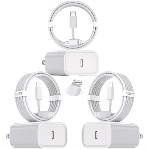 Image of 10Foot Fast iPhone Charging Cable,3-Pack Super Fast i Phone Charger USB C Charging Block Wall Charger PD Adapter with 10FT Type C to Lightning Cable Cord for iPhone 14 /13 /12 /11ProMax /XS Max /XS /XR /8 /SE