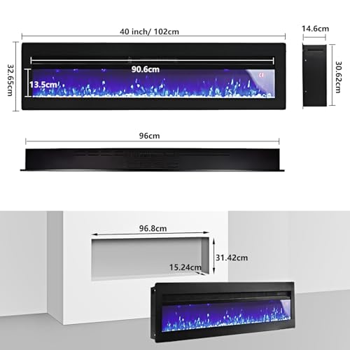 INMOZATA 102cm Electric Fire Recessed Wall Mounted Freestanding Electric Fireplace with Realistic LED Flame Effect, Adjustable Thermostat, Overheat Protection, 900W&1800W (102 cm/40 inch, Black)