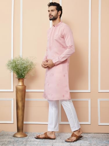 Image of See Designs Men's Long Sleeve Mandarin Collar Side Slit Off-White Embroidered Chanderi Silk Straight Kurta