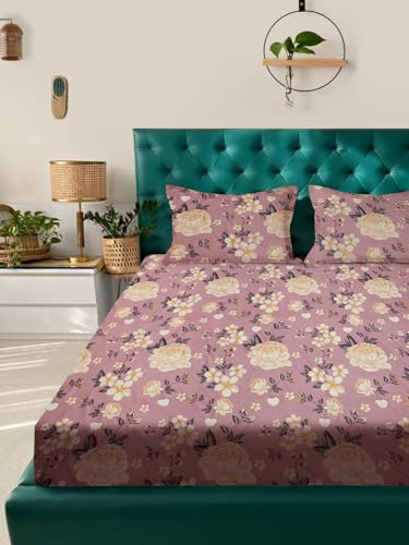Image of ROSARAHOME 180 TC Microfiber Flat Queen Size Double Bed Bedsheet with 2 Pillow Cover| Bedsheet:240cmx225cm Pillow Covers:45cmx70cm,Floral Peach
