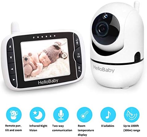 Baby Monitor with Remote Pan-Tilt-Zoom Camera and 3.2'' LCD Screen, Infrared Night Vision, Temperature Display, Lullaby, Two Way Audio, with Wall Mount Kit