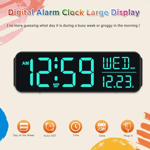 Image of Peakeep Digital Alarm Clock for Bedrooms, Date Day of Week Large Display Numbers 6 Brightness Dimmer, 5 Volume Loud for Heavy Sleepers, 8 RGB Colors Electric Desk Clock Battery Backup, Auto DST