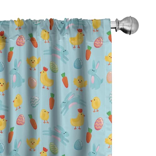 Ambesonne Easter Curtains, Colorful Ornate Eggs Cartoon Chicks Chickens Rabbits and Carrots Composition, Window Treatments 2 Panel Set for Living Room Bedroom, Pair of - 28" x 63", Sky Blue Mustard