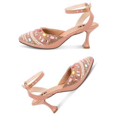 Image of Women's Embellished Pearl and Crystal Kitten Heel Sandals, Mint Green, Ankle Strap, Pointed
