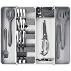 Towviy Organizador de Cubiertos Organizador Expandible para Cubiertos, Cubertería Extensible 27-47x39.5x5.5 cm - 7 a 9 Compartimentos Cajón Extraíble para Cubiertos Cajones Ajustable Gris y Blanco