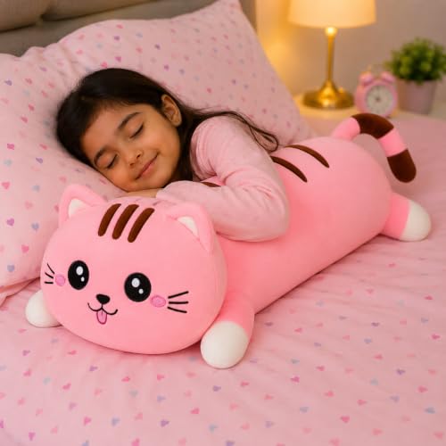 Image of cat Soft Toys and Pillow Kids, Plush Hugging Cushion, - Long Hugging Plush Toy for Kids & Girls | Ultra-Soft Sleeping Cushion | Cute Animal Stuffed Toy (60 cm) (Light Pink)