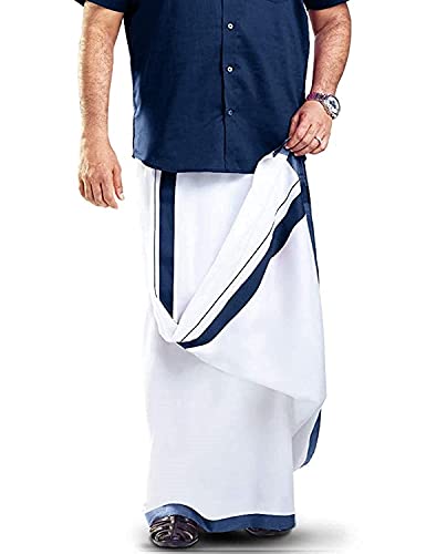 RAGINI V Men's Pure Cotton Double Casual Style Dhoti (White With Colour Border_4M) (Blue)