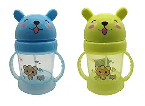 Te Quiti Baby Sipper Bottle Leakproof Durable BPA Free Non Toxic with Straw Combo Bunny Teddy Bear Design Water Bottle with Sipper for Kids Girls & Boys Blue & Green Color