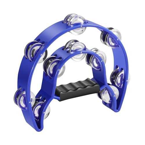 Half Moon Musical Tambourine (Blue) Double Row Metal Jingles Hand Held Percussion Drum with Ergonomic Handle Grip