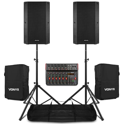 Vonyx Active PA System with Mixer 2x 15 Inch 1000W Speakers Tripod Stands Covers & XLR Cables - Complete Band & Vocalist Live Sound Package