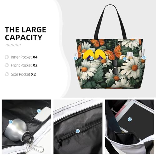 Summer Daisy Flower Print Beach Bag for Women Waterproof Large Beach Tote Bags Ladies Swim Pool Bag with Zipper3