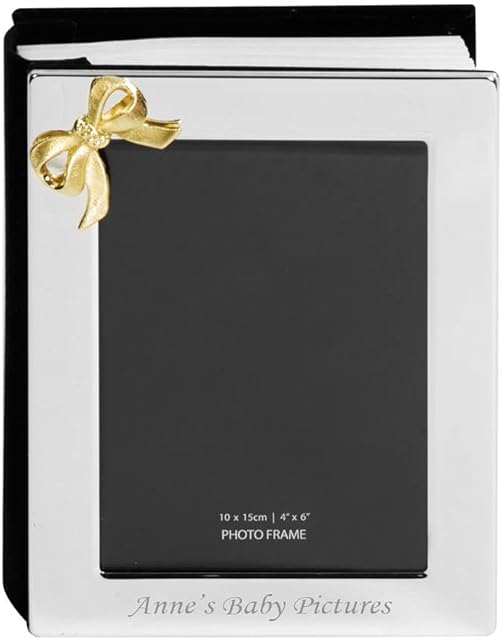 Personalised Silver Plated 4"x6" Photo Album with Gold Ribbon Accent- 100 Photographs - Engraved with Your Custom Engraving