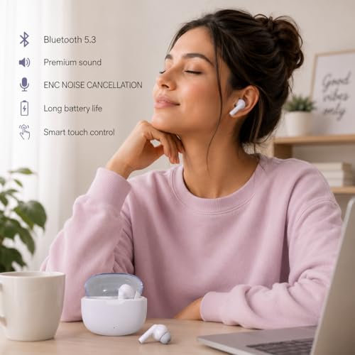 Image of Bluetooth 5.3 Wireless Earbuds with ENC Noise Cancellation, Premium Studio Sound, Smart Touch Control, Long Battery Life, Type-C Charging, Deep Bass TWS Earphones (White)