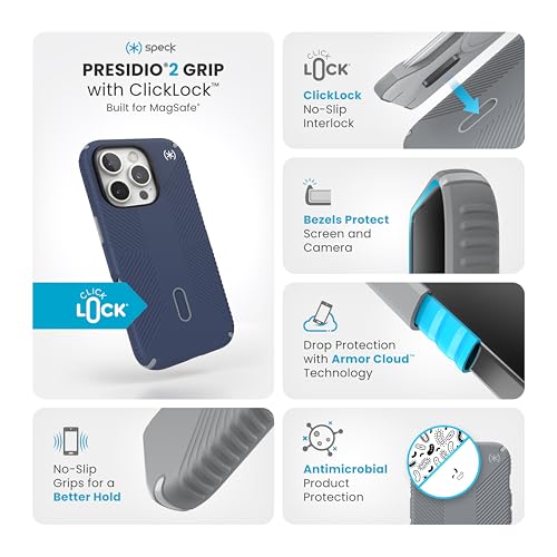 Image of Speck Blue iPhone 16 Pro Case MagSafe and ClickLock - Slim Phone Case iPhone 16 Pro - iPhone 16 Pro Phone Case - Presidio 2 Grip - Coastal Blue /Dust Grey