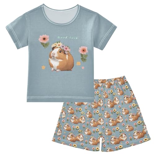 senya Cute Capybara Flower Summer Pajamas Set Short Cotton Sleepwear 2 Piece