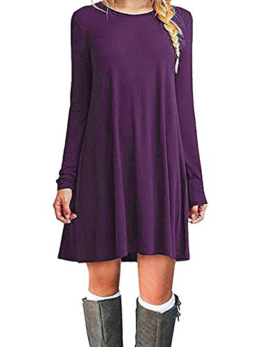HAHAEMMA Vestido de mujer fashion elegante básico hasta la rodilla, manga larga, swing, camiseta casual, corte holgado, vestido de color sólido, morado, XL