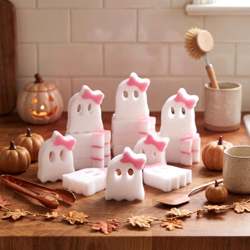 Image of Tioncy 12 Pack Pink Bow Ghost Kitchen Sponges Bulk Dual Sided Scrubber Ghost Sponges Reuseble Non Scratch Dishwashing Kitchen Cleaning Accessories for Cookware Pot Boiler Pan Household