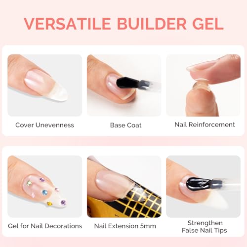 Image of MelodySusie 2PCS 15ML Clear Nude Pink Builder Nail Base Gel for Nails Thickening,Soak Off UV Extension Gel,Rhinestone Glue in a Bottle for Nail Art Design Gift for Women Salon DIY Manicure at Home