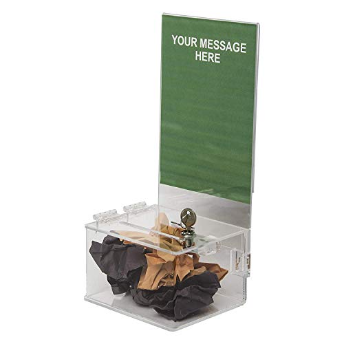Clear-Ad - Clear Acrylic Ballot & Donation Box 5x3x4 with Lock and Sign Holder - Plastic Container for Voting, Charity, Survey, Raffle, Contest, Suggestions, Tips, Comments, Coins (Pack of 2)