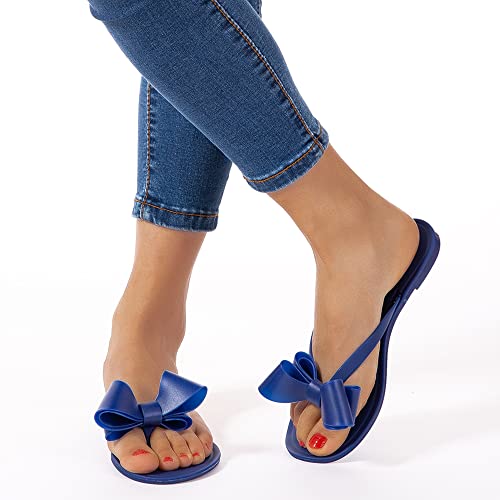 Image of Mtzyoa Women Flip-Flops Flat Sandals Jelly Bow Beach Flat Rivets Rain Cute Dressy Summer Sandals