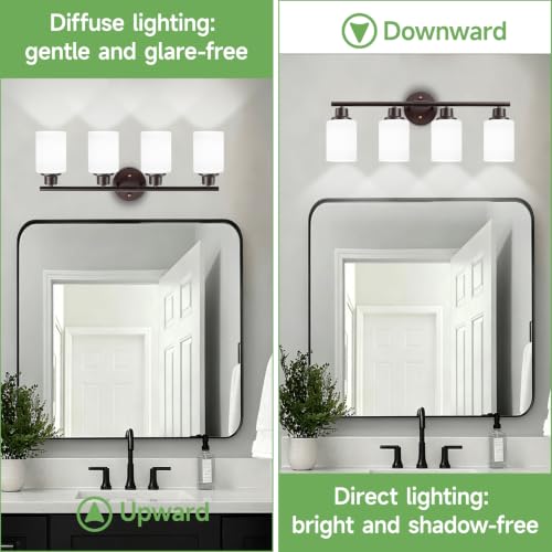 Image of 4-Light Bathroom Light Fixtures, Vanity Lights for Mirror with Textured Milky White Glass Shade, Modern Kitchen Light Fixtures Wall Sconce Light - E26 Base - Oil-Rubbed Bronze