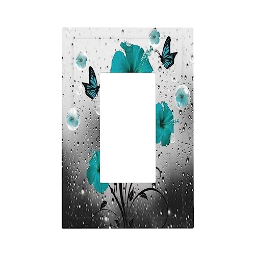 Teal Gray Turquoise Floral Flower Butterfly Cute Droplet Modern 1 Gang Single Rocker Art Wall Plate Decorative GFCI Light Switch Cover Electrical Faceplate Outlet for Bathroom Bedroom Kitchen by Wpshijia - Used condition - Image 2