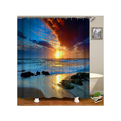 ANAZOZ Duschvorhang mit 12 Haken, Wasserdicht, Anti Schimmel, Umweltfreundlich Waschbar, 3D Wasserwürfel Polyester Sonnenaufgang Über Dem Meer Bad Vorhang für Badezimmer Badewanne Bunt 180X200CM A9468