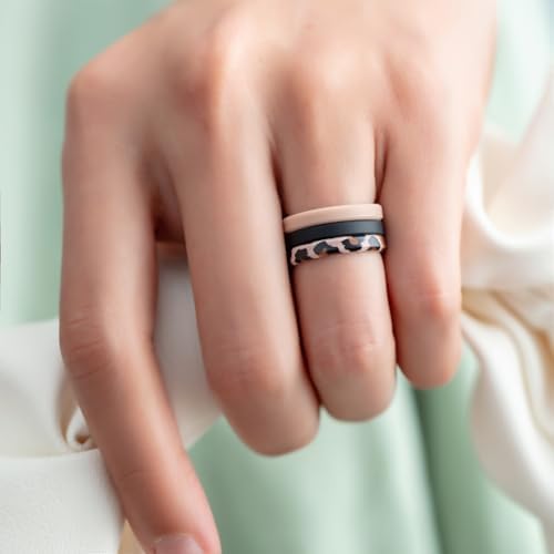 ThunderFit Stackable Silicone Ring Enhancers for Women, Breathable Rubber Wedding Bands - Braided Design 3mm Wide 1.8mm Thick - 3/8 Variety Multipack - 3