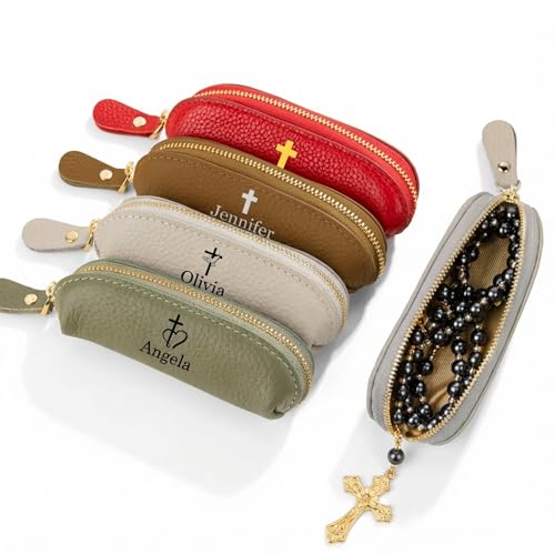 Kryvoxc Personalized Rosary Pouch Custom Rosary Pouch with Name PU Leather Mini Catholic Bead Case Valentines Religious Gifts for Christians
