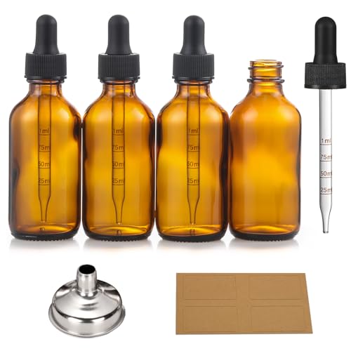 2 oz Dark Amber Glass Dropper Bottles with Measurement Dropper, 4 Pack- 60ml Thick Tincture Bottles with Measured Eye Dropper, Leakproof Essential Oils Bottles for Health, Personal Care & Beauty