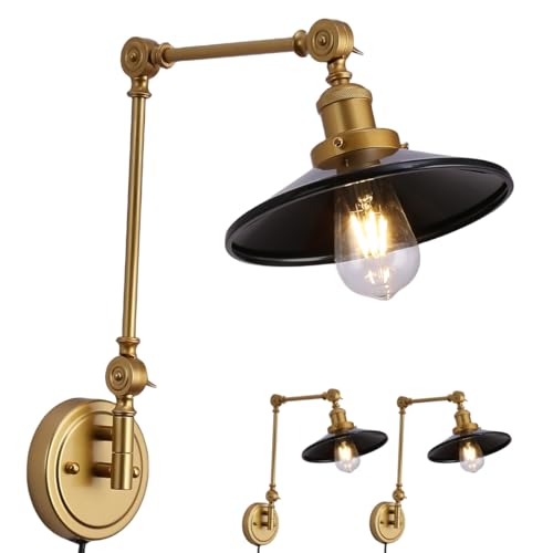 Image of Swing Arm Wall Lamp Plug In, Set of 2 Modern Gold Cordless Wall Sconce For Bedroom Bedside, Living room, Study, Vintage Reading Wall Mount Light Fixtures, Warm Brass Finish Decor, Black, 2 Pack