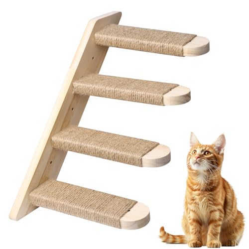 SDLDEER Katzentreppe Wand 4 Stufen Kletterwand für Katzen DIY Kletterwand Katzen Katzenleiter Mit Juteseil Wandliege aus Massives Gummiholz für Katze Klettern Spielen Maximale Tragfähigkeit 15kg