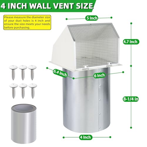 Image of 3 Inch Dryer Vent Cover Outside,Wall Vent Exhaust Vent Cover Exterior 3 inch Dryer Vent Cover Outdoor Dryer Vent Hood Cap for Bathroom Exhaust,Hooded Wall Vent with Screen & Damper,Galvanized Steel,White