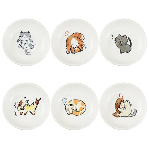 SOCOSY Super Cute Cartoon Animal Ceramic Sauce Dishes, Seasoning Dishes, Little Cat Dog Bird Feeding Bowls, Sushi Soy Dipping Bowls, Appetizer Plates, Dessert Plates, Set of 6-Cats-3.5 Inch